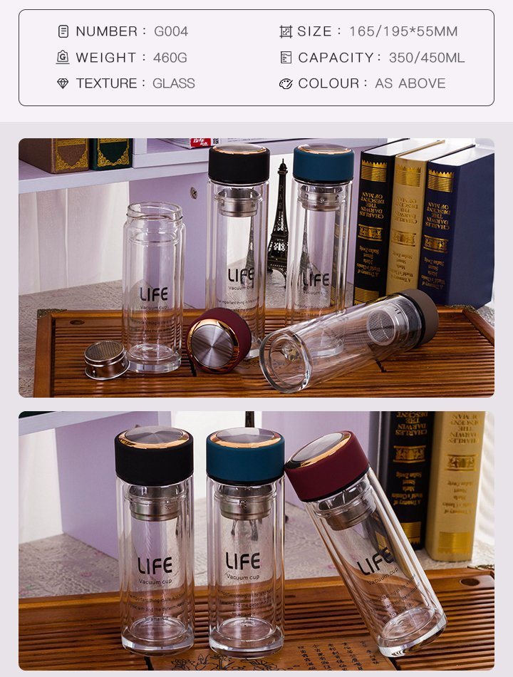 High Quality 350ml 450ml Borosillicate Glass Water Bottle with Filter