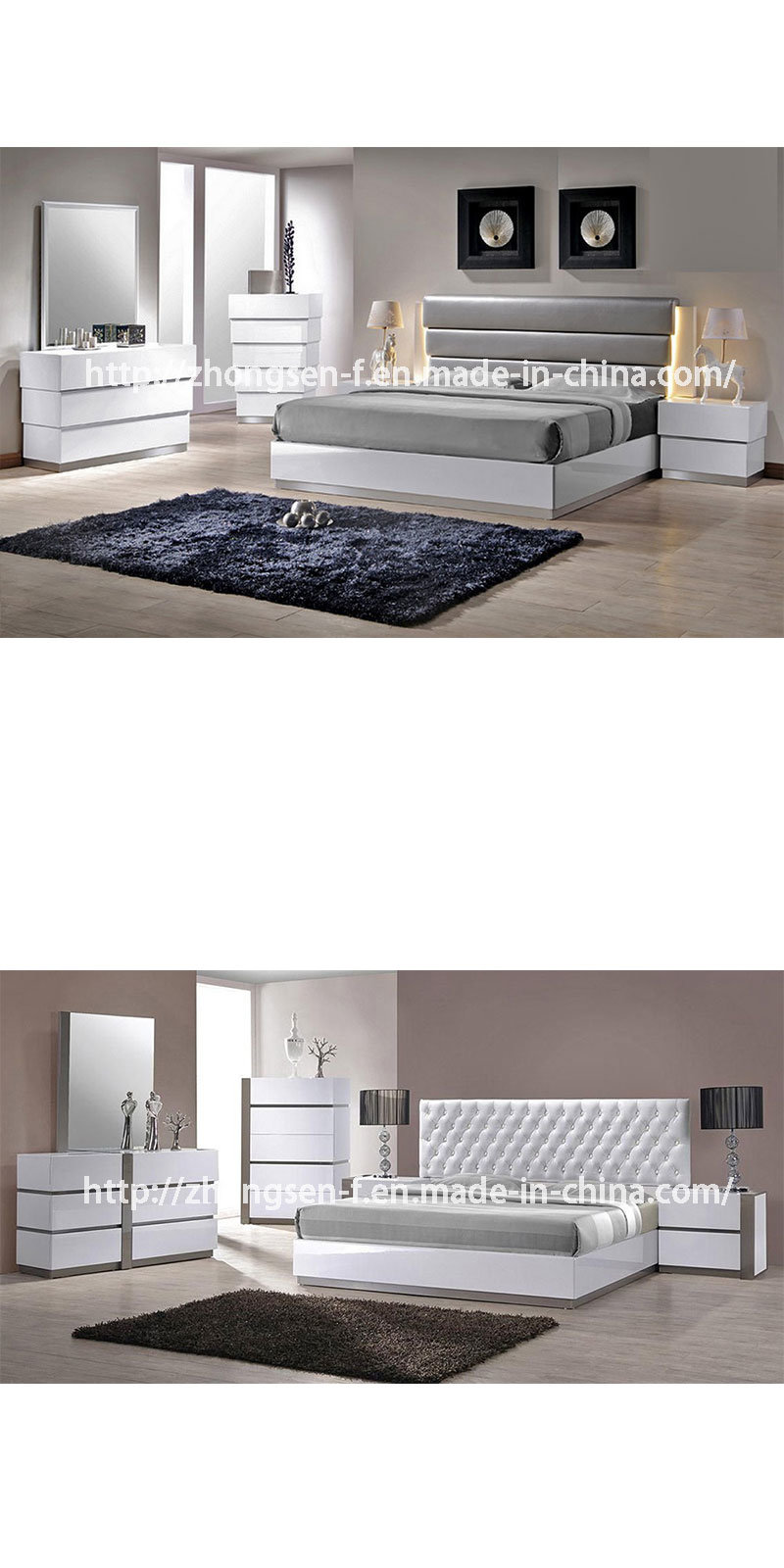 Customization Contemporary Italian Style King Bedroom Furniture in White and Sliver High Gloss Lacquer with Oak Wood