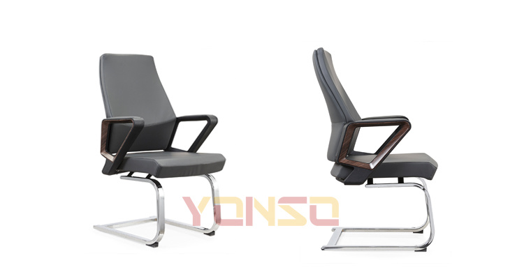 Contemporary Office Conference Room Grey Leather Upholstered Visitor Chair Without Wheels