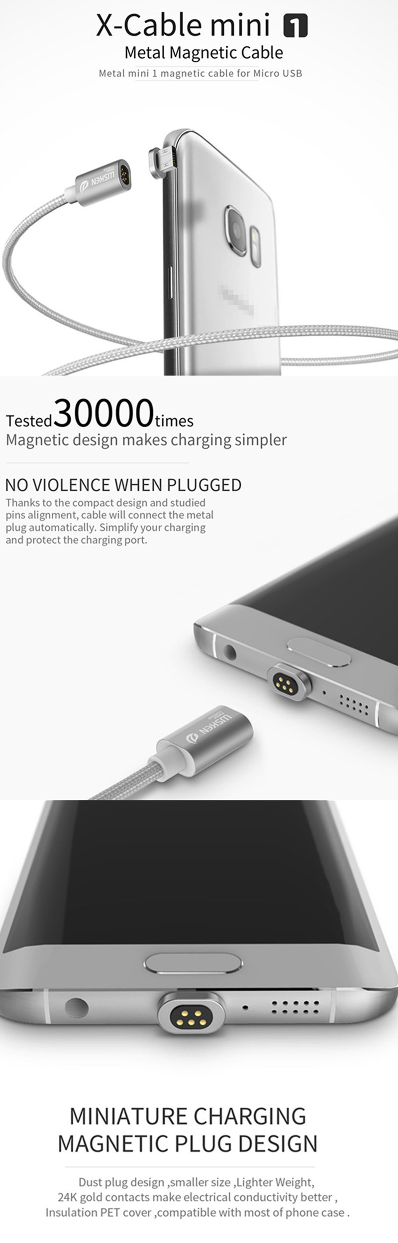 Wsken Metal Mini 2 Magnetic Micro USB Cable for iPhone/Micro