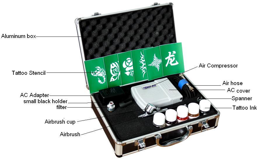 Airbrush Compressor Kit with Stencil and Ink for Temporary Tattoo