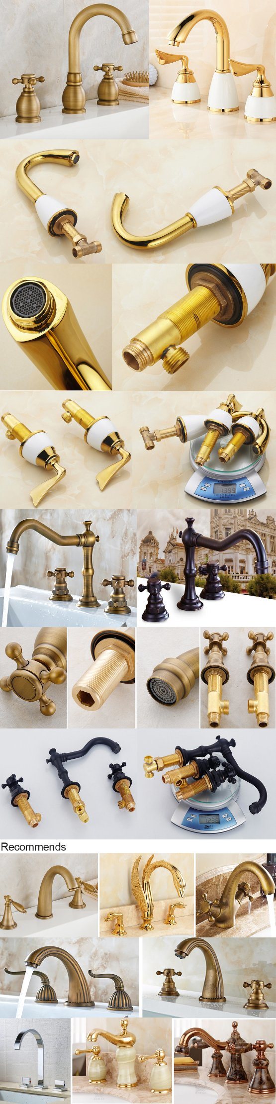 European Style Three Hole Deck Mounted Brass Bibcock Bathroom Basin Faucet with Double Handle