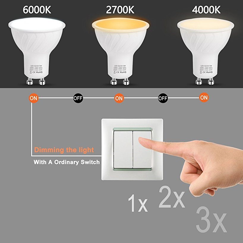 GU10 LED Light Bulbs 50 Watt Equivalent Colour Changing 6000K-2700K-4000K LED Spotlights