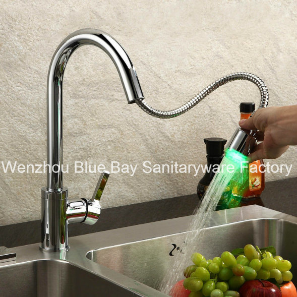 LED Pull out Rocking Single Handle Sink Kitchen Tap Mixer Faucet