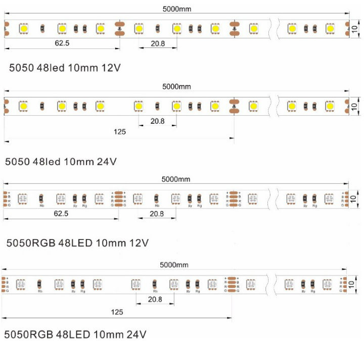 DC12V/24V 5050SMD LED Specifications 48LED 10mm PCB Board 120degree Beam Angle Ra>90 LED Neon Flex LED Rigid Flexible Strip Light