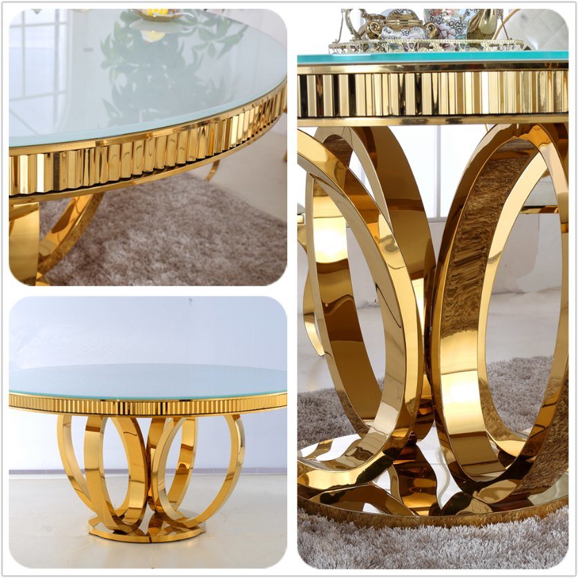 New Modern Diameter 1.3m Round and Gold Colour Glass Dining Table