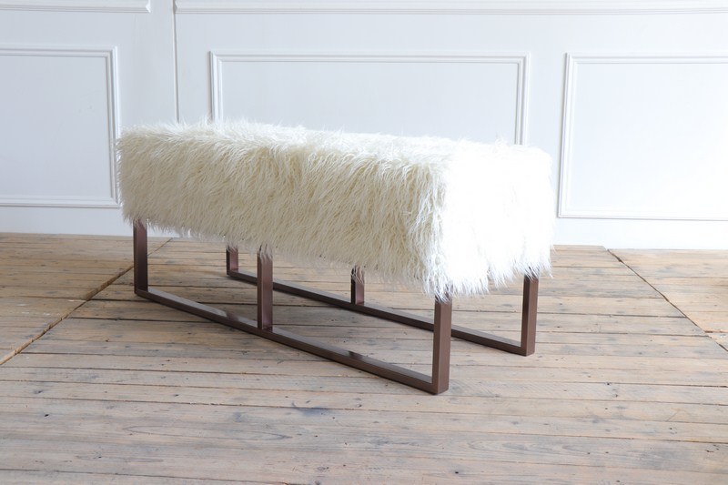 Plating Copper Color Stainless Steel Base White Color Faux Fur Ottoman Bench