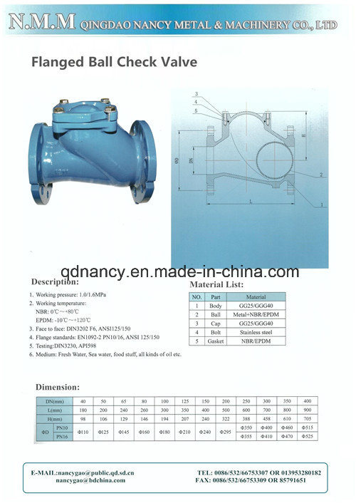 Cast Iron Flanged Ball Check Valve for Fresh Water