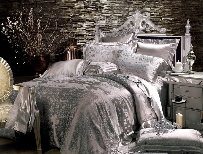 Taihu Snow Silk Chinese Traditional Jacquard Grey Silk Bedding Set