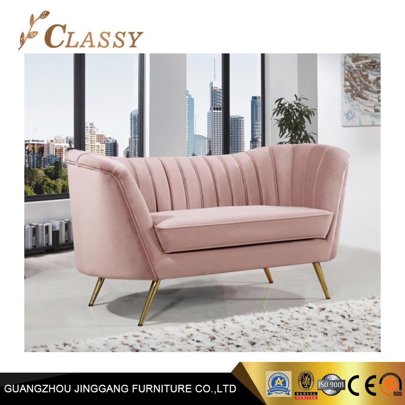 Home Furniture Pink Velvet Loveseat Gold Legs Restaurant Sofa