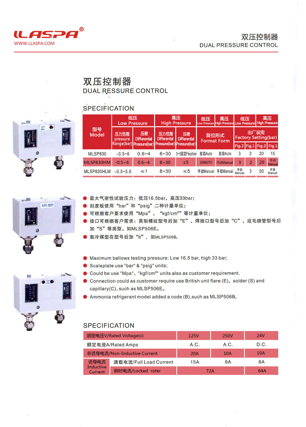 Dual Pressure Control Pressure Switch for Air Compressor Mlsp830hm