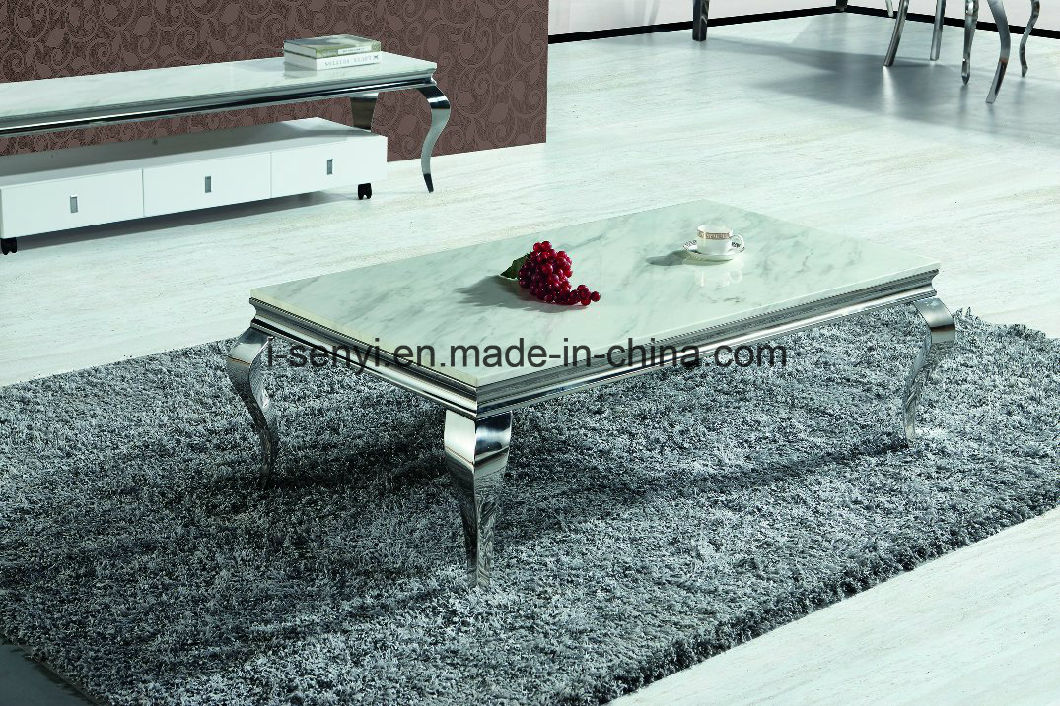 Living Room Furniture Alternative White Marble & Imitated Wood Top Stainless Steel Coffee Table