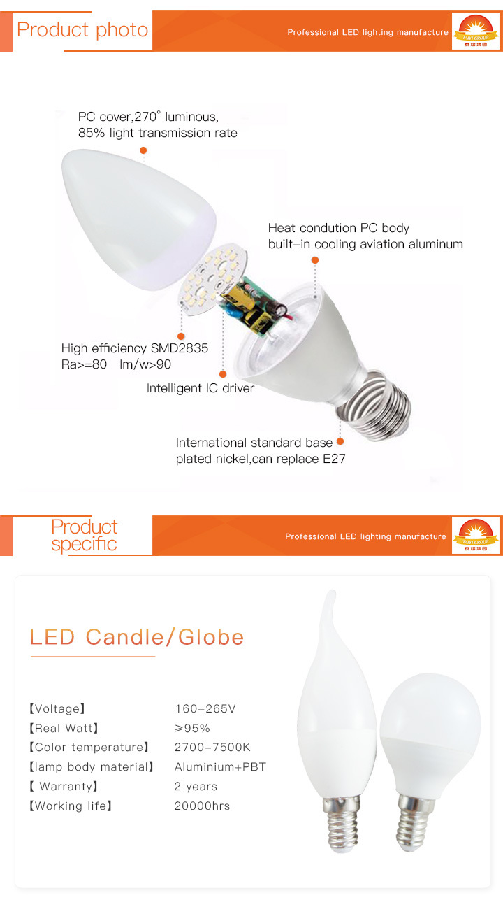 Hot Sales LED Bulb Lighting C37 PC Cover 3W 5W 7W