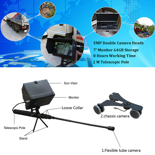 Handheld Tescopic Pole Mobile Under Vehicle Surveillance System for Airport Uvss with Two Cameras