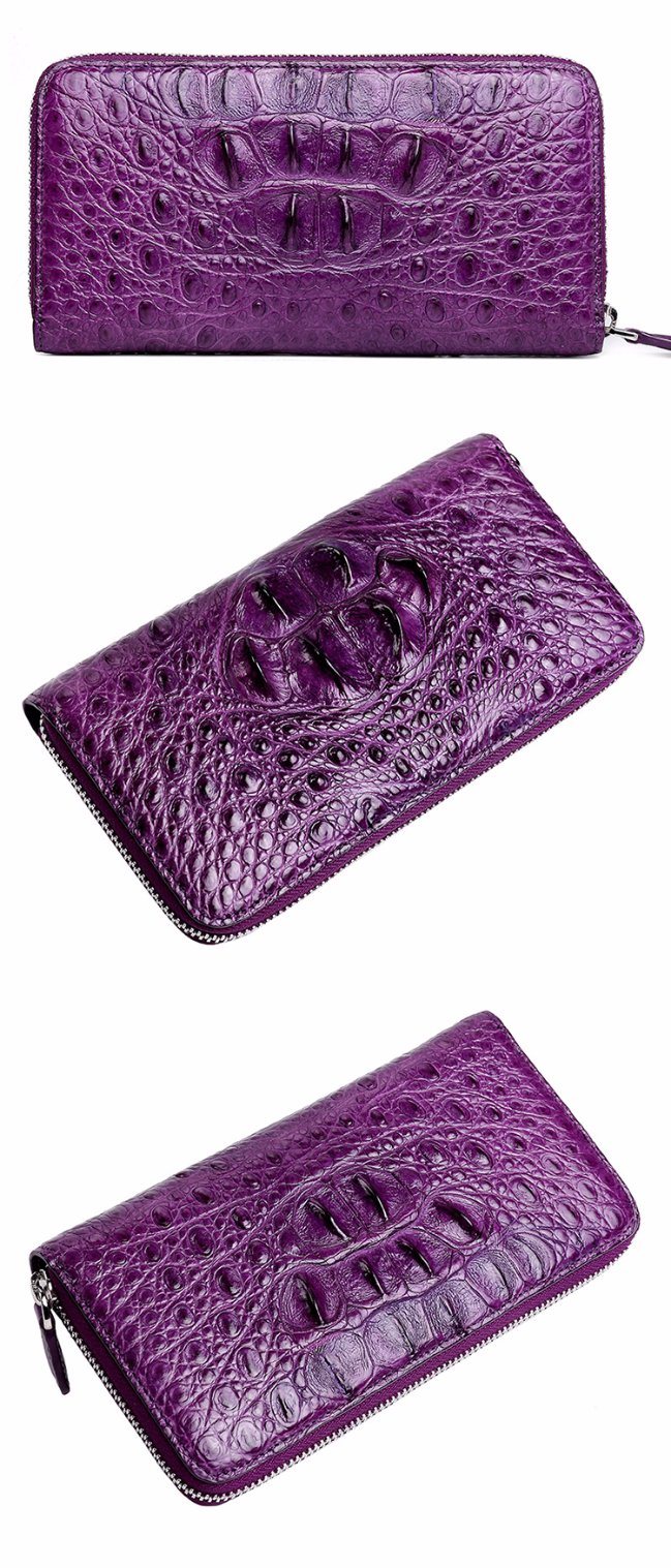 Luxury Zipper Design Good Quality Purple Alligator Skin Leather Wallet for Women