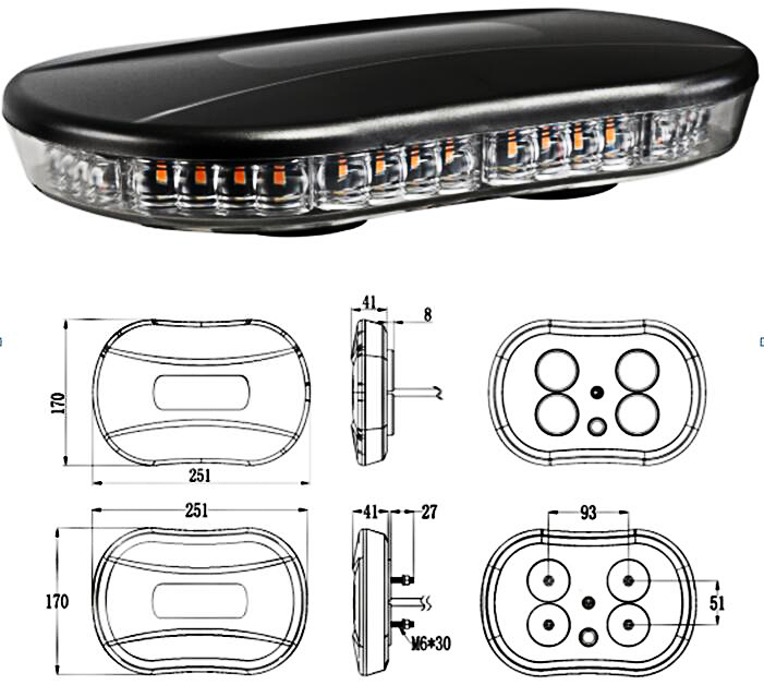 10-30V 20W LED Amber Mini Warning Lightbar Strobe Emergency Light