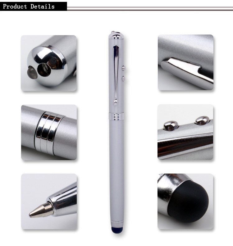 Hot Sale 4 in 1 Metal Laser Pointer Pen LED Torch Touch Screen Stylus Ball Pen 1 Color Logo Free Printing