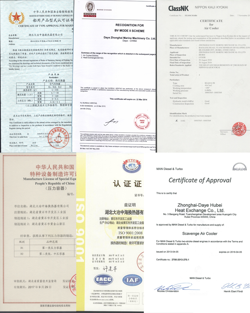 Man and Wartsila Certificate Air Compressor Heat Exchanger