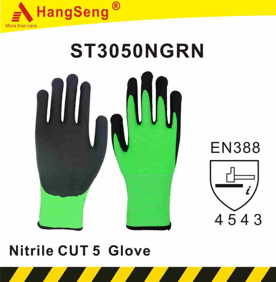 Hppe Glass Fibre Cut Resistant 5 ANSI A5 Sandy Foam Nitrile Glove Grn