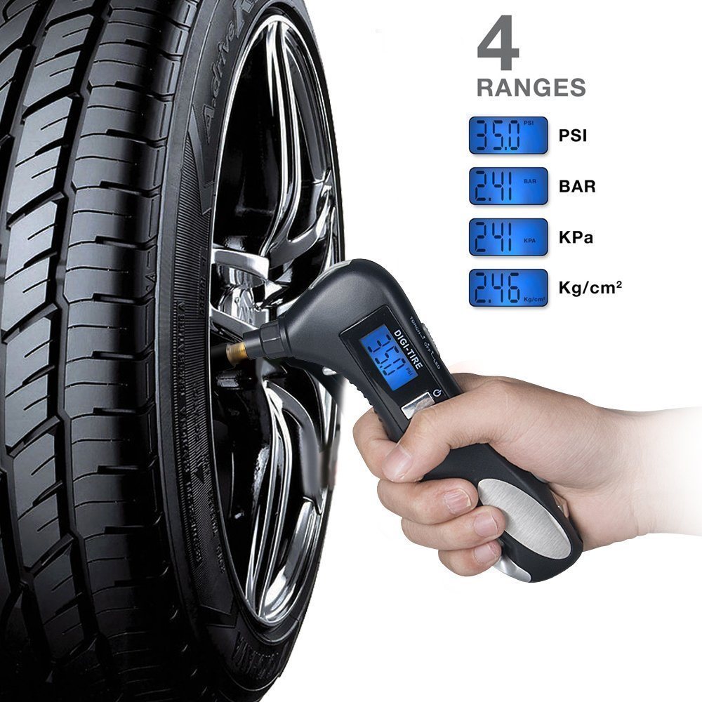 Multifunctional Digital Tire Pressure Gauge with LED Flashlight Car Window Breaker Seatbelt Cutter Red Safety Light