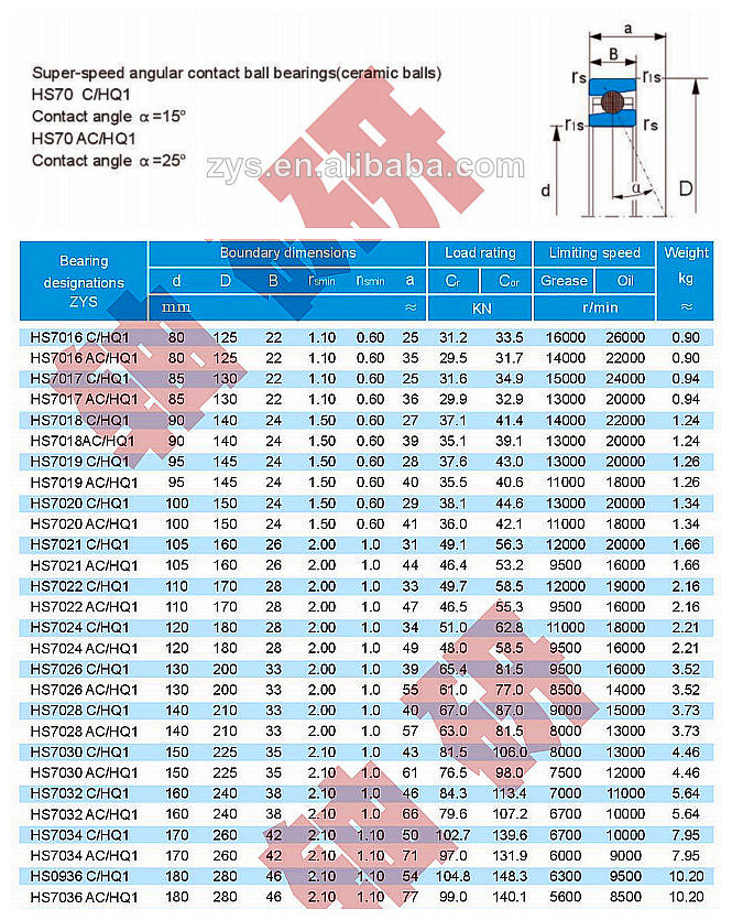 China Zys Super-Speed Angular Contact Ball Bearing (ceramic balls) H7030/Hs7030