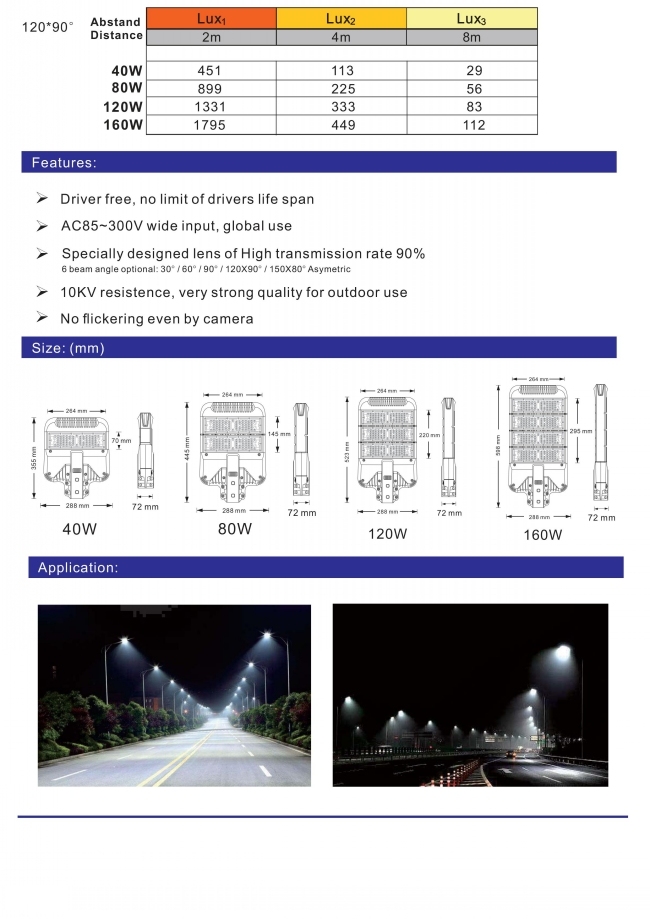 Module PCB Osram Chip IP65 40W/80W/120W/160W LED Street Light for Road Lighting