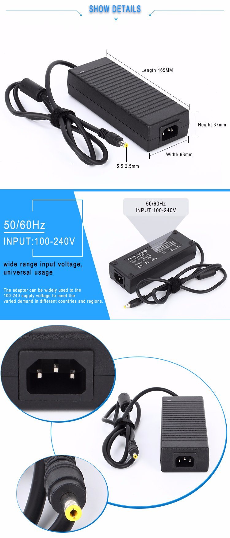 24V 120W AC/DC Adapter Switching Power Supply for LED LCD CCTV camera with CE FCC RoHS
