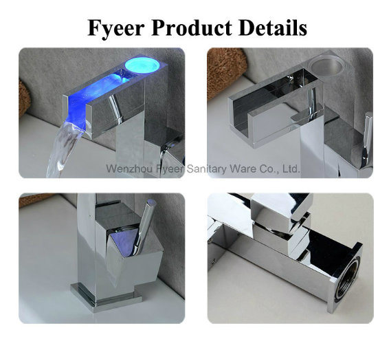 Self-Power 3 Color LED Waterfall Brass Basin Water Faucet (QH0615AF)