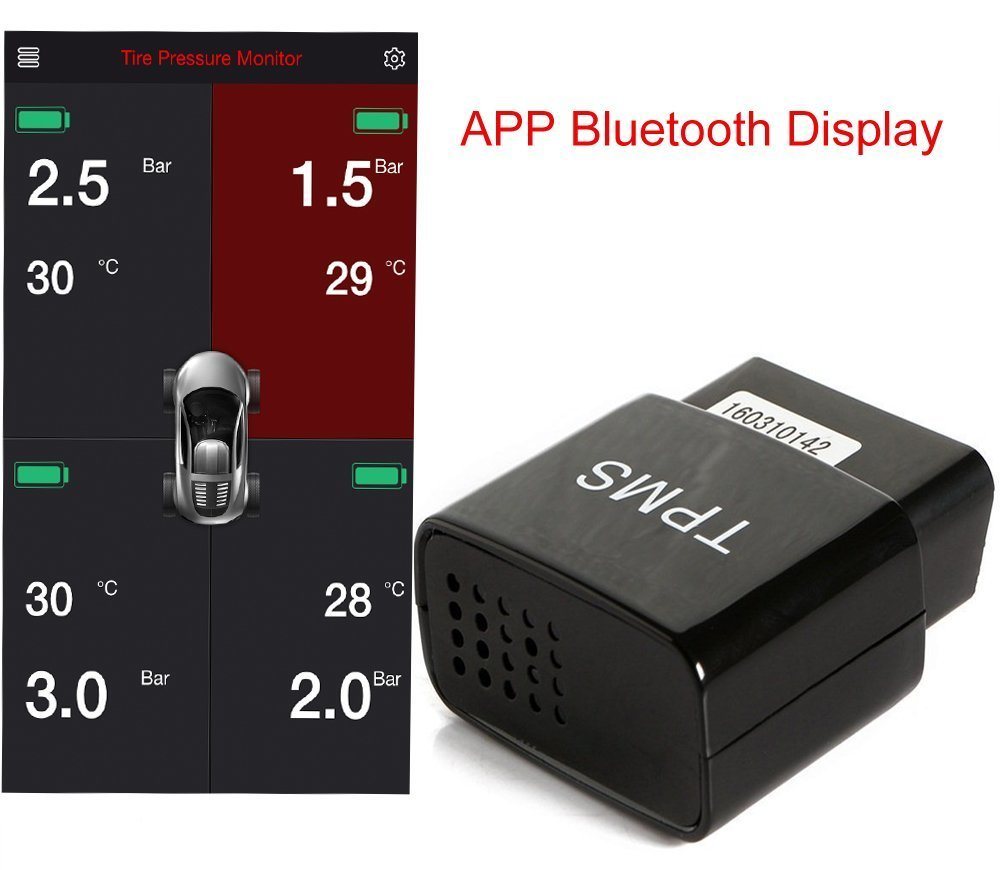 Bluetooth 4.0 APP Display TPMS Tire Pressure Alarm Monitor System OBD Interface Android iPhone