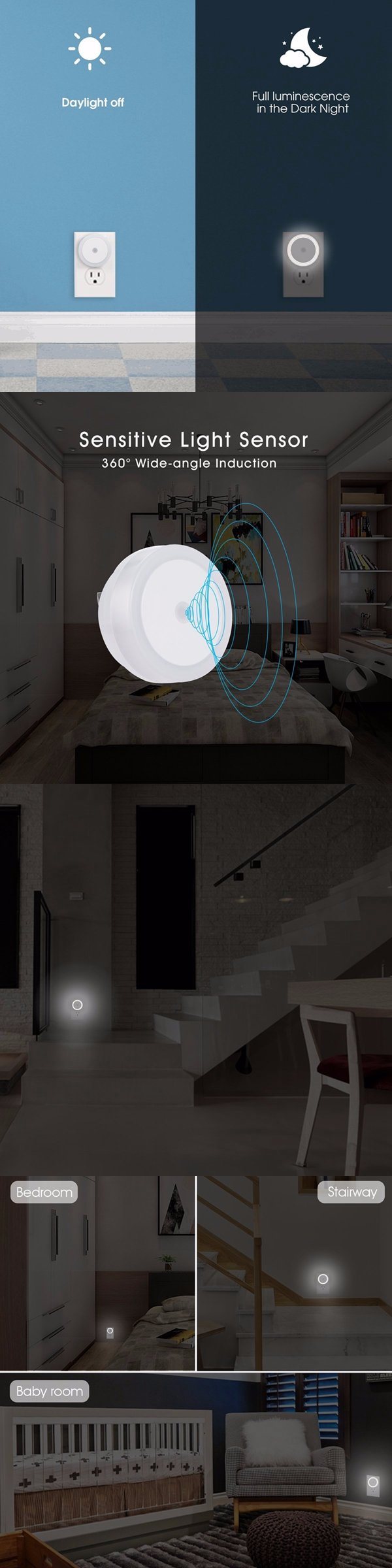 Dusk to Dawn Sensor 0.6W Daylight White 5000K LED Night Light Lamp for Bathroom Hallway Stairs