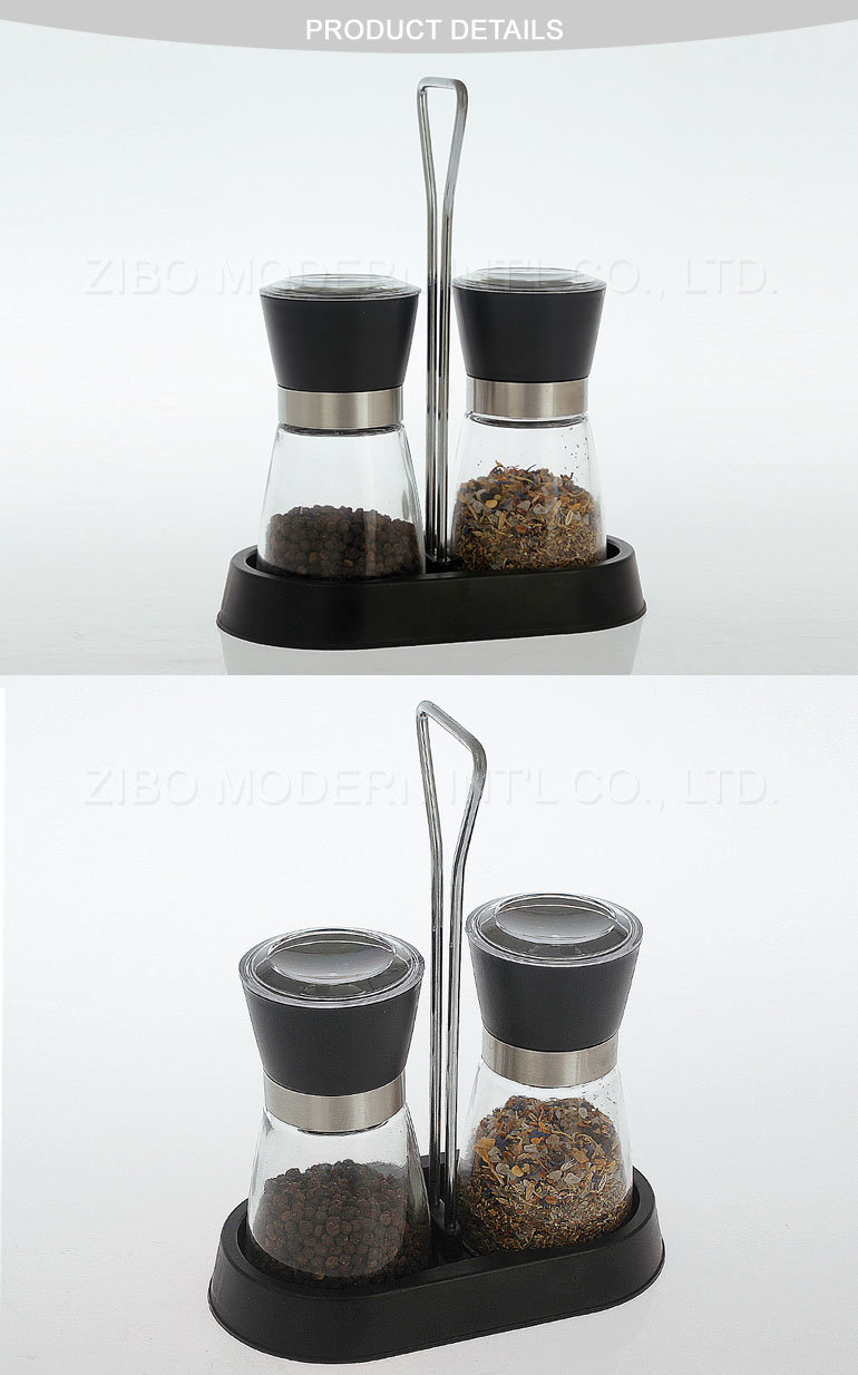 Adjustable Grinding Ceramic Mechanism Glass Salt and Pepper Mill with Spice Rack