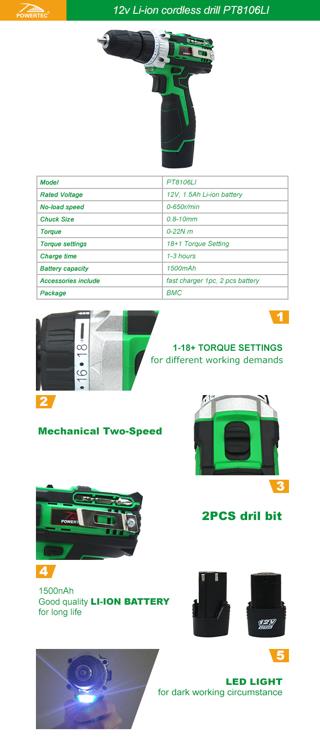 Powertec 22n. M Li-ion 12V Cordless Drill with LED Light (PT8106LI)