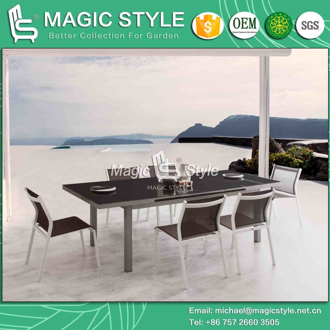 Outdoor Textile Dining Set Garden Sling Chair Extension Table with Glass Textile Dining Armchair Stackable Chair