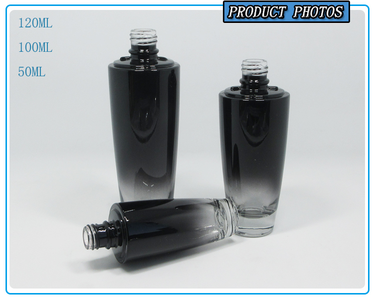 Black Colored Cosmetic Glass Lotion Bottle with Shinny Silver Lids