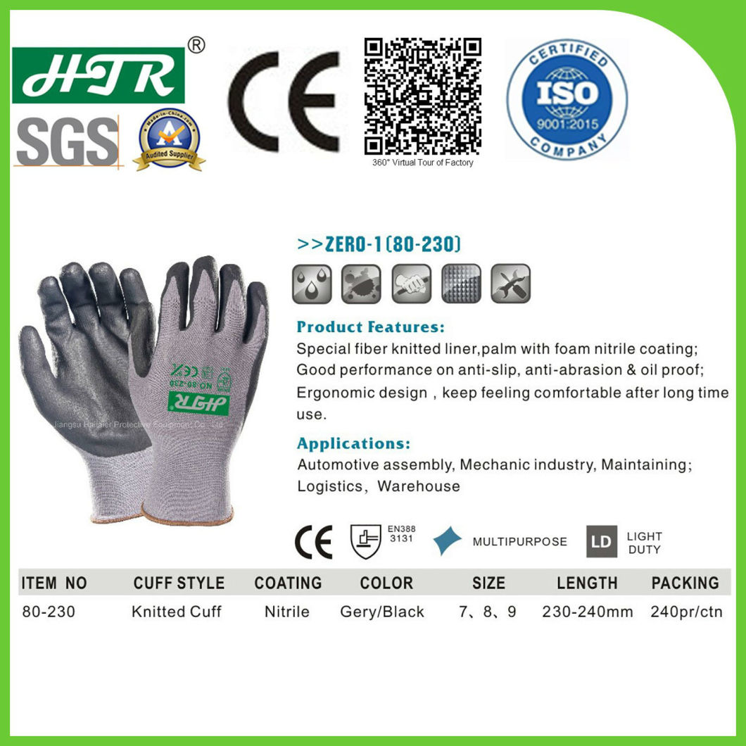 Knitted Oil-Proof Nitrile Coated Anti-Slip Abrasion Resistant Safety Work Gloves