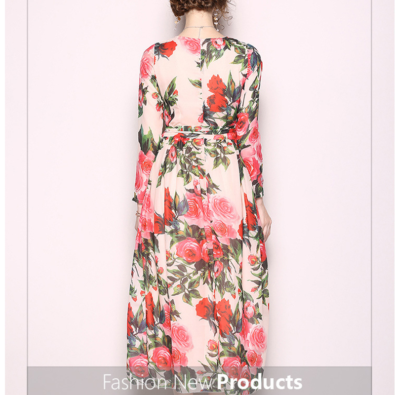 2018 Hot Sale Floral Printing Chiffon Wide Hem Fashion Dress