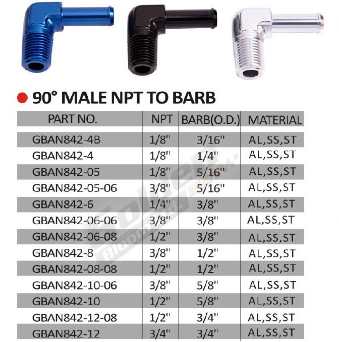 90 Degree NPT Thread to Barb Male Fitting