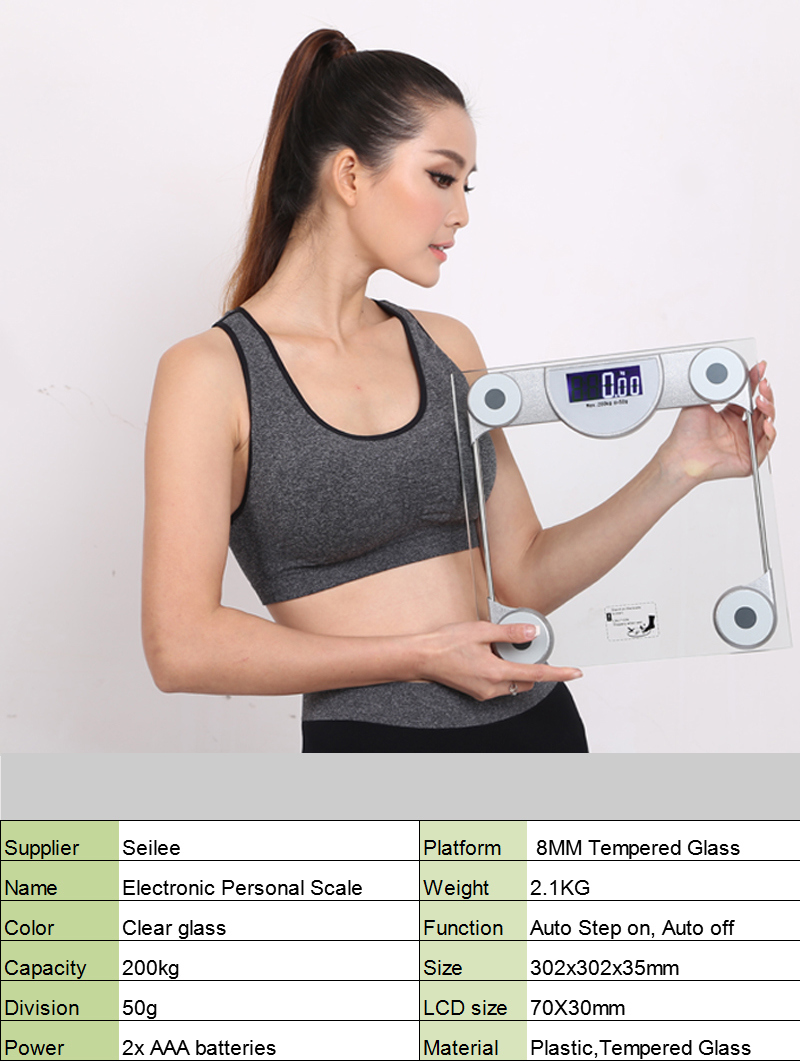 200kg Square Clear Glass Digital Body Weighing Machine Health Scale