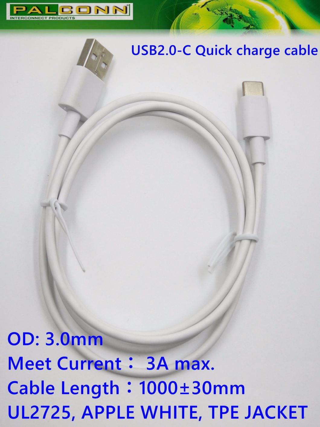 Quick Charge Cable, Type C Cable, Current Rating~3A Max. Integral Tension Plug, L=1.0m, UL2725, TPE, Outside Diameter: 3.0mm, Type C Durability 10000 Cycles