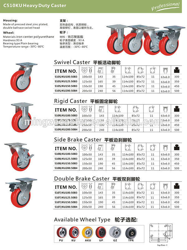 Heavy Duty Caster with Polyurethane Wheel, Swivel with Brake Caster