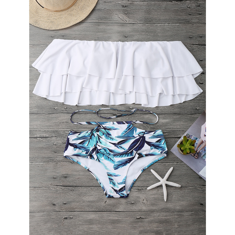 Women Two Piece off Shoulder Ruffled Flounce Crop Swimwear Set