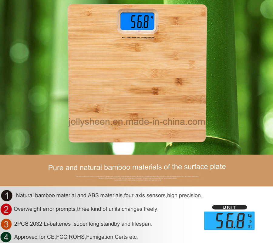 2018 Hot Selling Bamboo Platfrom Electronic Bathroom Scale High Precision Weighing Scale Compliant for Ce. RoHS, FCC Approved