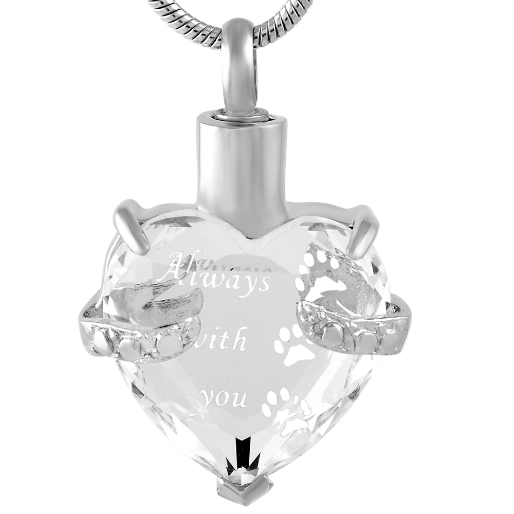 Stainless Steel Pet/Human Memorial Urn Clear Crystal Cremation Pendant Necklace