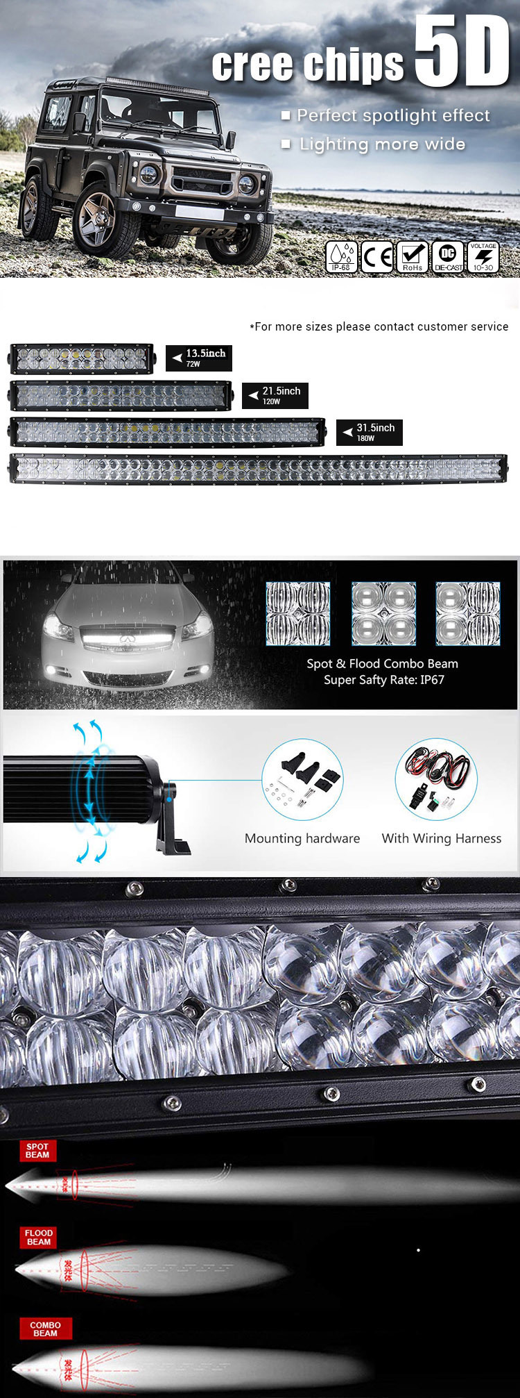 5D Lens SUV Truck Driving Light CREE Mixed Spot Flood Combo Beam Curved LED Light Bar