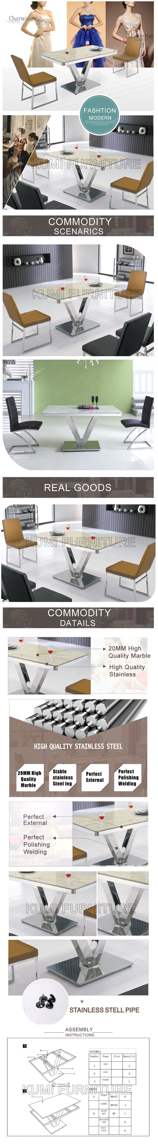 Modern Dining Room Furniture Marble Top Stainless Steel Dining Table