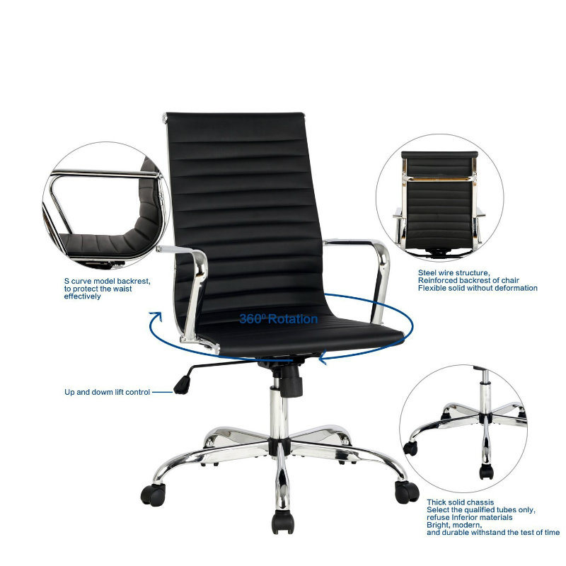 (SONAMU) High Back Padded Tall Ribbed PU Leather Adjustable Office Executive Swivel Chair (Black)