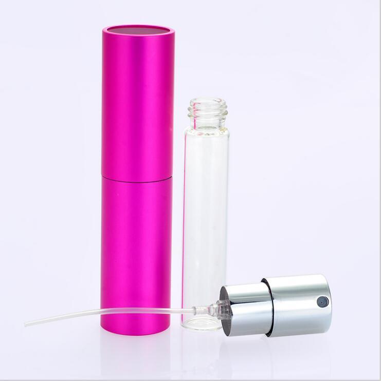 Twist up Empty Sample Lipstick Shape Glass Perfume Bottle 8ml Rotary Type Spray Aluminum Cosmetic Packaging Parfum Bottle