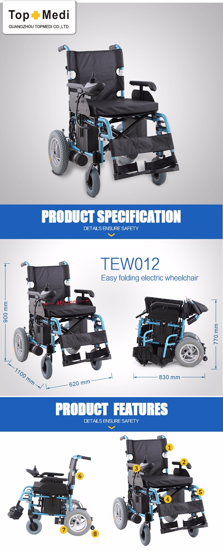 High Quality Folding Electric Power Wheelchair Automatic for Handicapped Disabled People