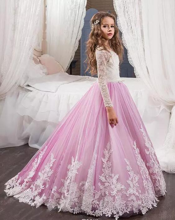 Lilac Tulle Girls Prom Gowns Lace Stage Performance Wedding Flower Girl Dresses B1278