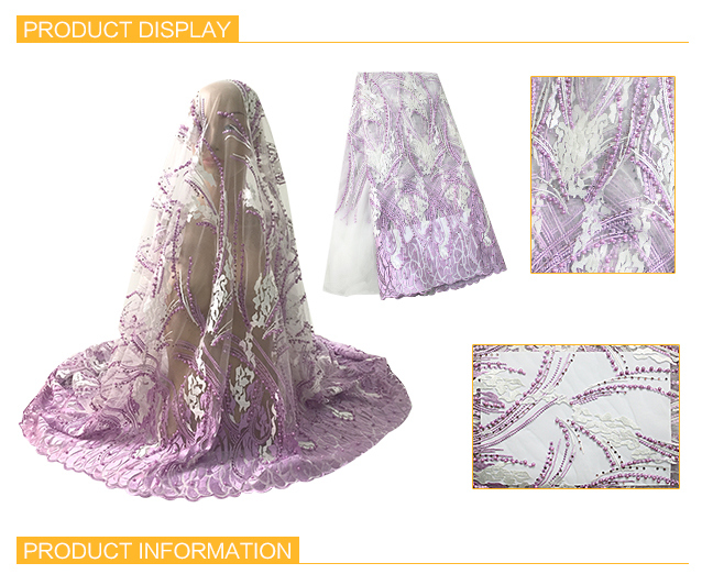 Lilac African Beaded French Tulle Lace Fabrics